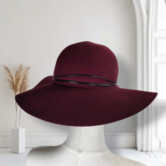 Anthropologie Burgundy Wool Felt Wide Brim Floppy Hat Cottagecore Romantic Boho main image 4